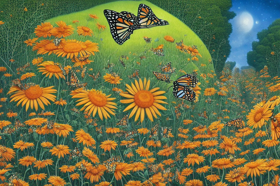 Colorful orange daisies, butterflies, and crescent moon in lush field.