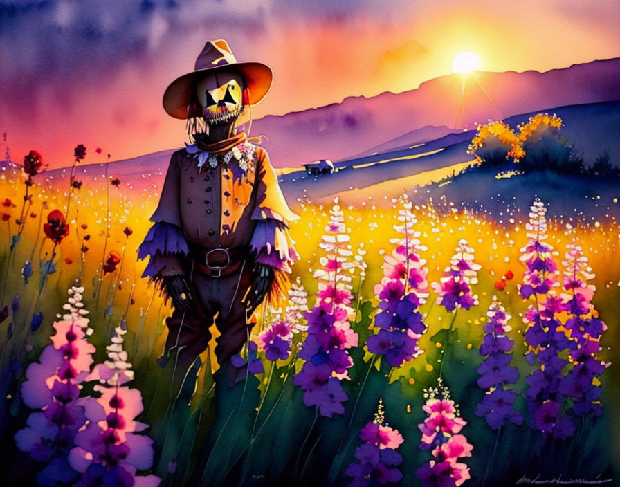 Vibrant scarecrow painting with pumpkin head in colorful flower field at sunset