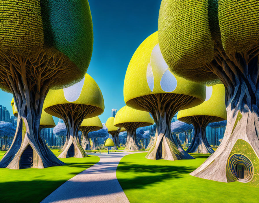 Colorful, stylized trees in futuristic park setting with city backdrop