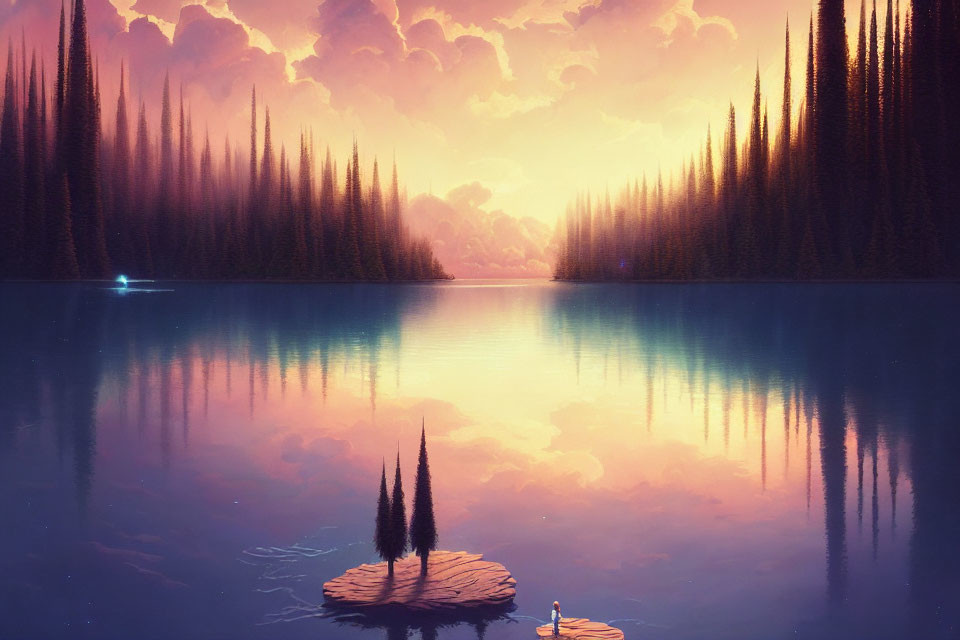 Tranquil Lake at Dawn or Dusk with Pine Trees