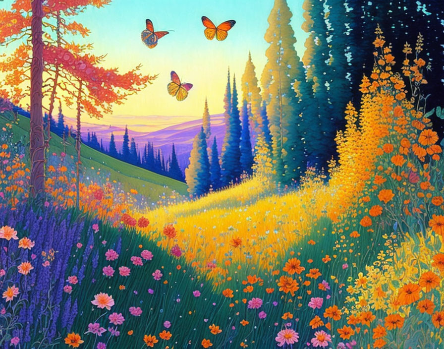 Colorful Meadow Landscape with Trees, Flowers, Butterflies, and Sunset