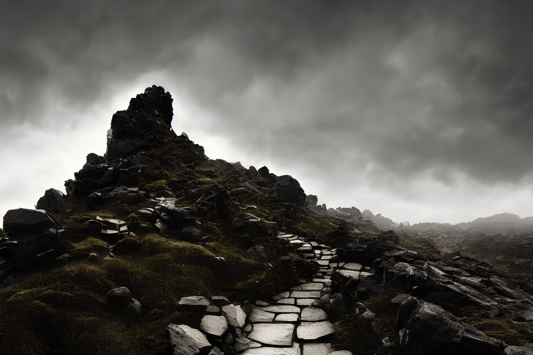 Dramatic mountain scene with rocky path and towering crag