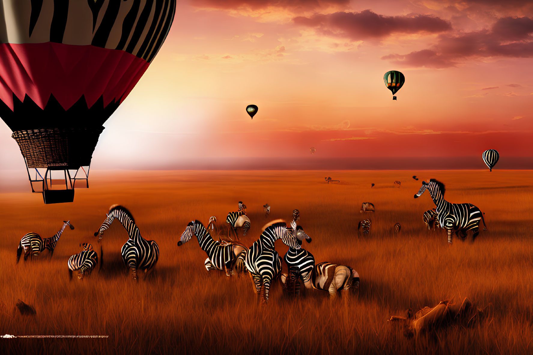 Zebras on orange savannah with hot air balloons at sunset