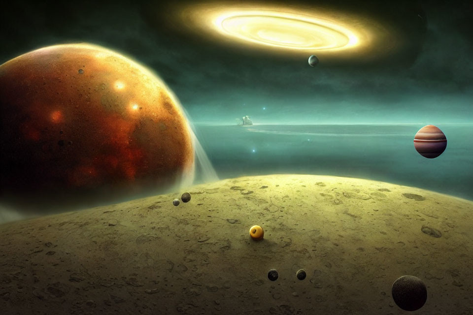 Large Red Planet, Moons, Star with Rings, Nebula, Spaceship in Space