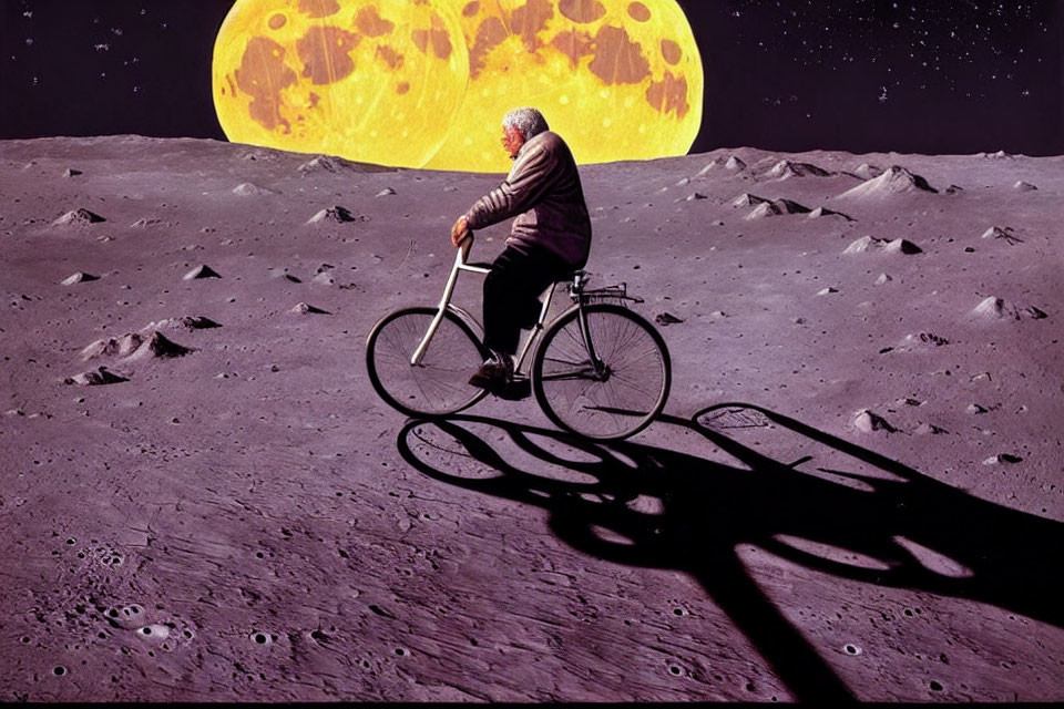 Elderly Person Riding Bicycle on Lunar Surface with Yellow Moon