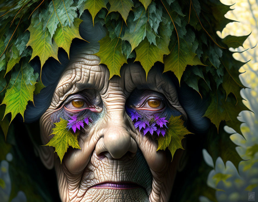 Elderly Person's Face with Leafy Branches and Purple Flowers