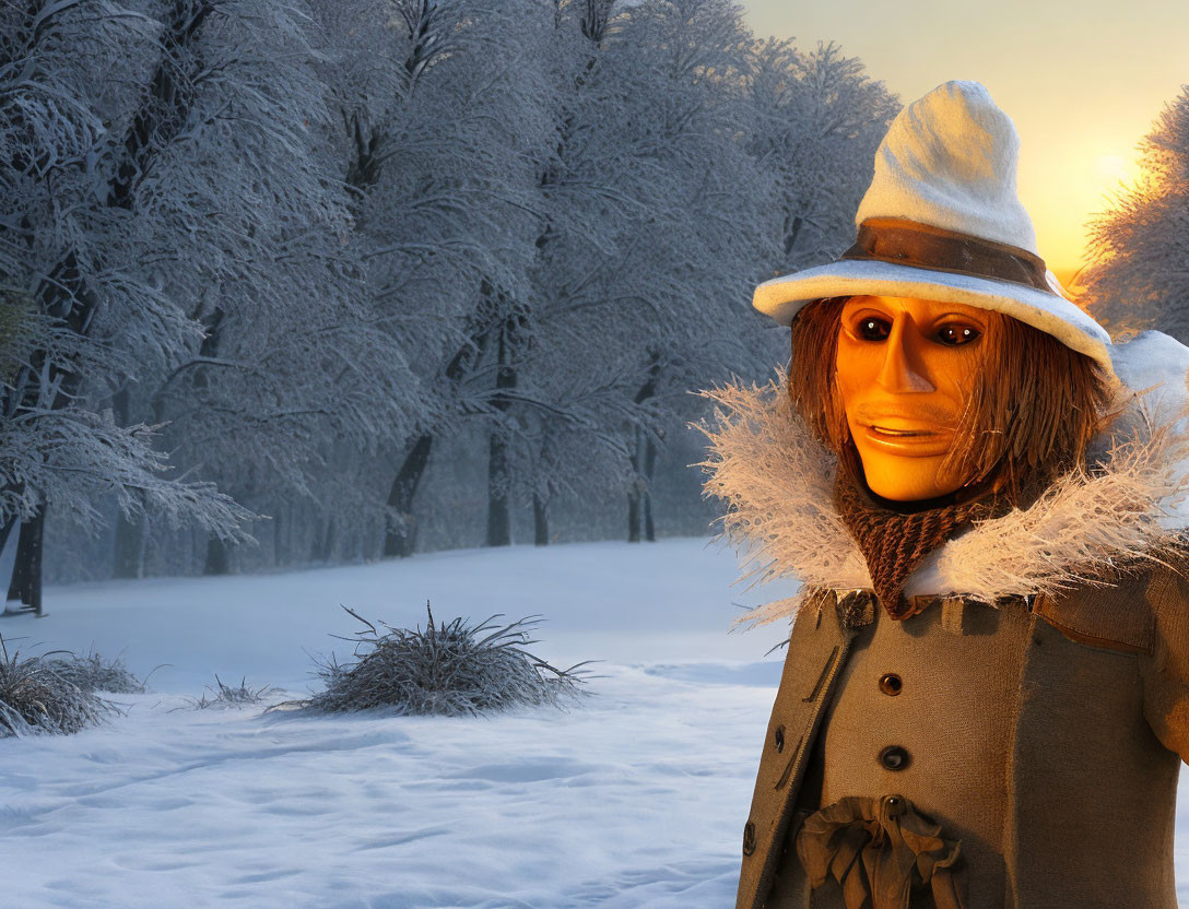 Whimsical wooden figure in coat and hat in snowy forest at sunrise