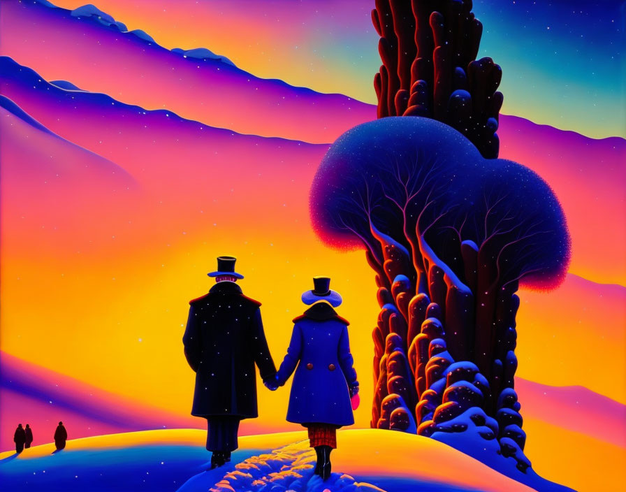 Colorful snowy landscape with two figures holding hands
