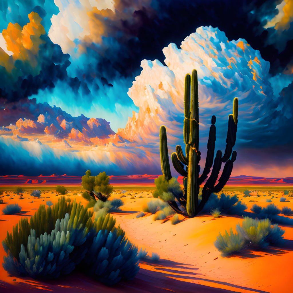 Dramatic desert landscape with towering cacti and billowing clouds