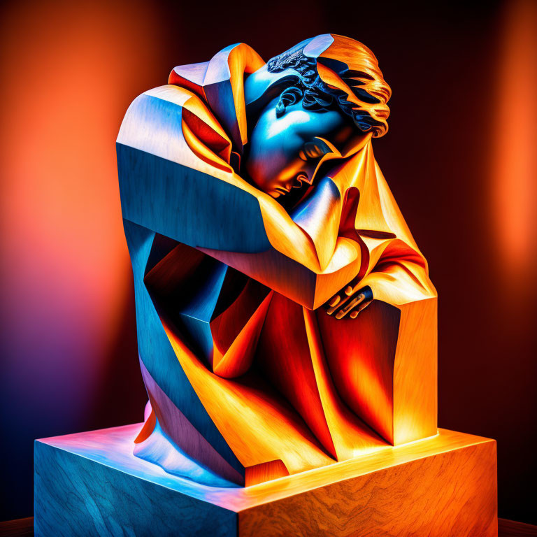 Colorful Sculpture of Contemplative Figure in Flowing Robes