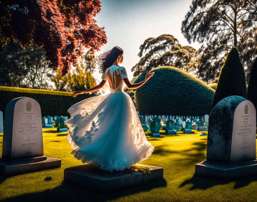 Woman in white dress twirls in lush cemetery with sunlight filtering through trees