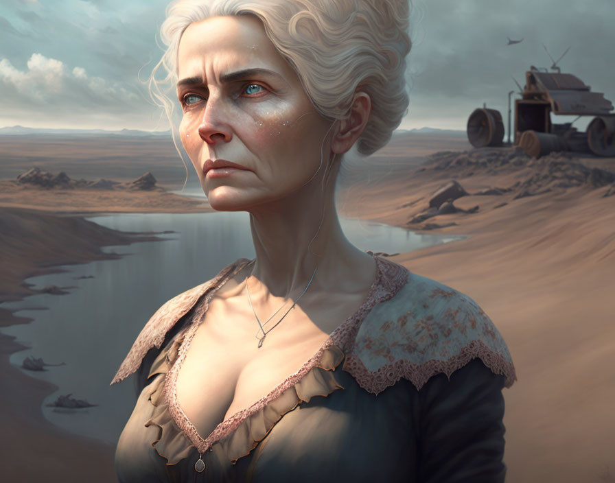 White-haired woman in lace dress gazes into desert with tank in background