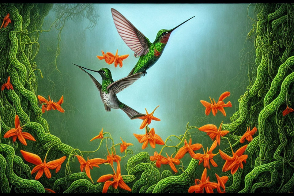 Vibrant orange flowers with hovering hummingbirds amid green foliage
