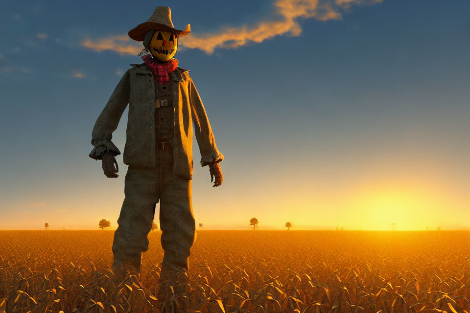 Scarecrow in cornfield at sunset with pumpkin head