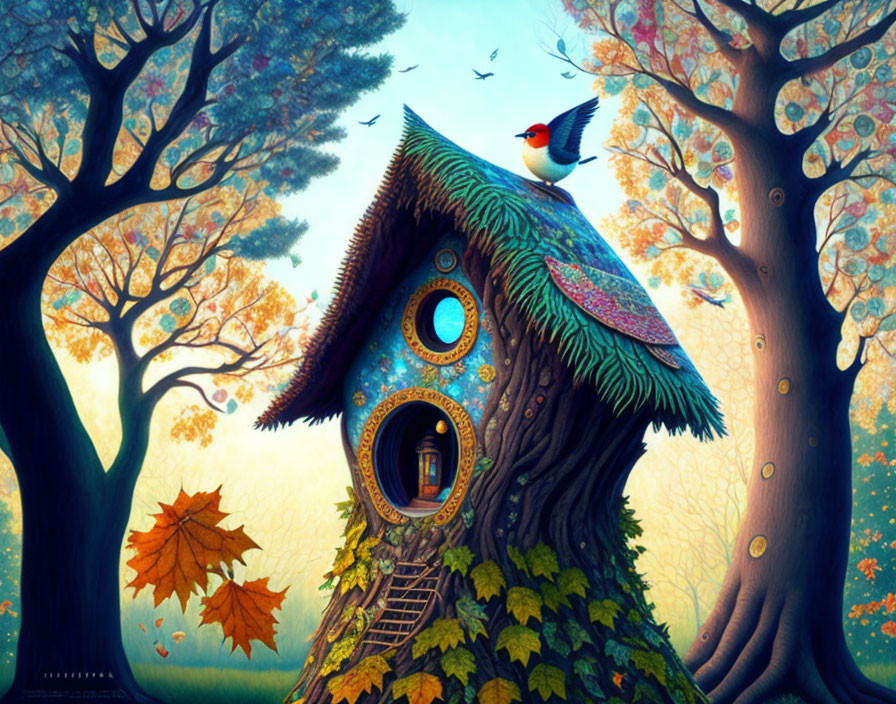 Colorful Birdhouse in Vibrant Forest with Red-Capped Bird