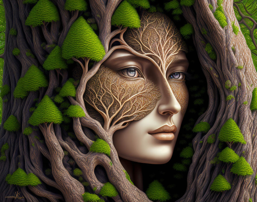 Surreal Artwork: Woman's Face Blended with Forest Scene
