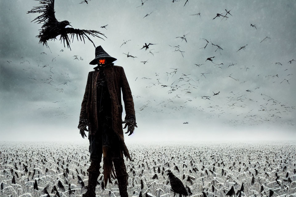 Glowing red-eyed scarecrow in desolate field under stormy sky