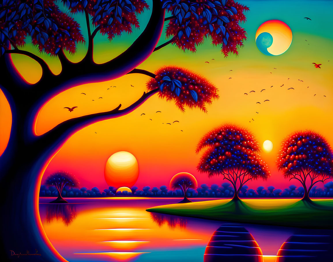 Colorful surreal landscape with trees, sunset, moon, and water reflections