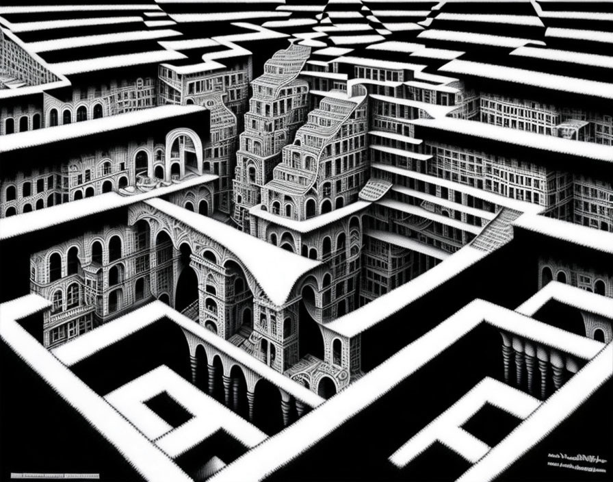 Monochromatic Escheresque labyrinth with impossible architecture.
