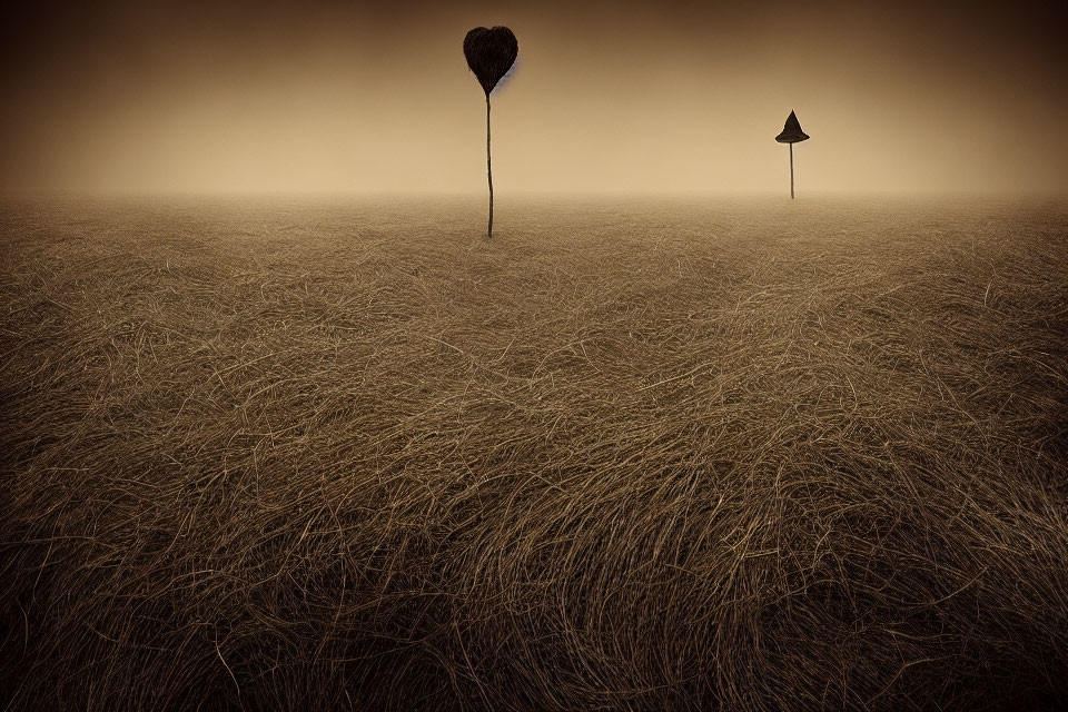 Sepia-Toned Surreal Landscape with Heart-Shaped Tree and Arrow Sign