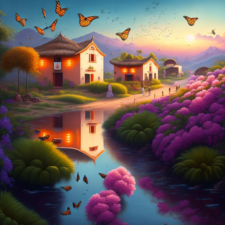 Tranquil village scene: thatched-roof houses, purple bushes, butterflies, river, serene
