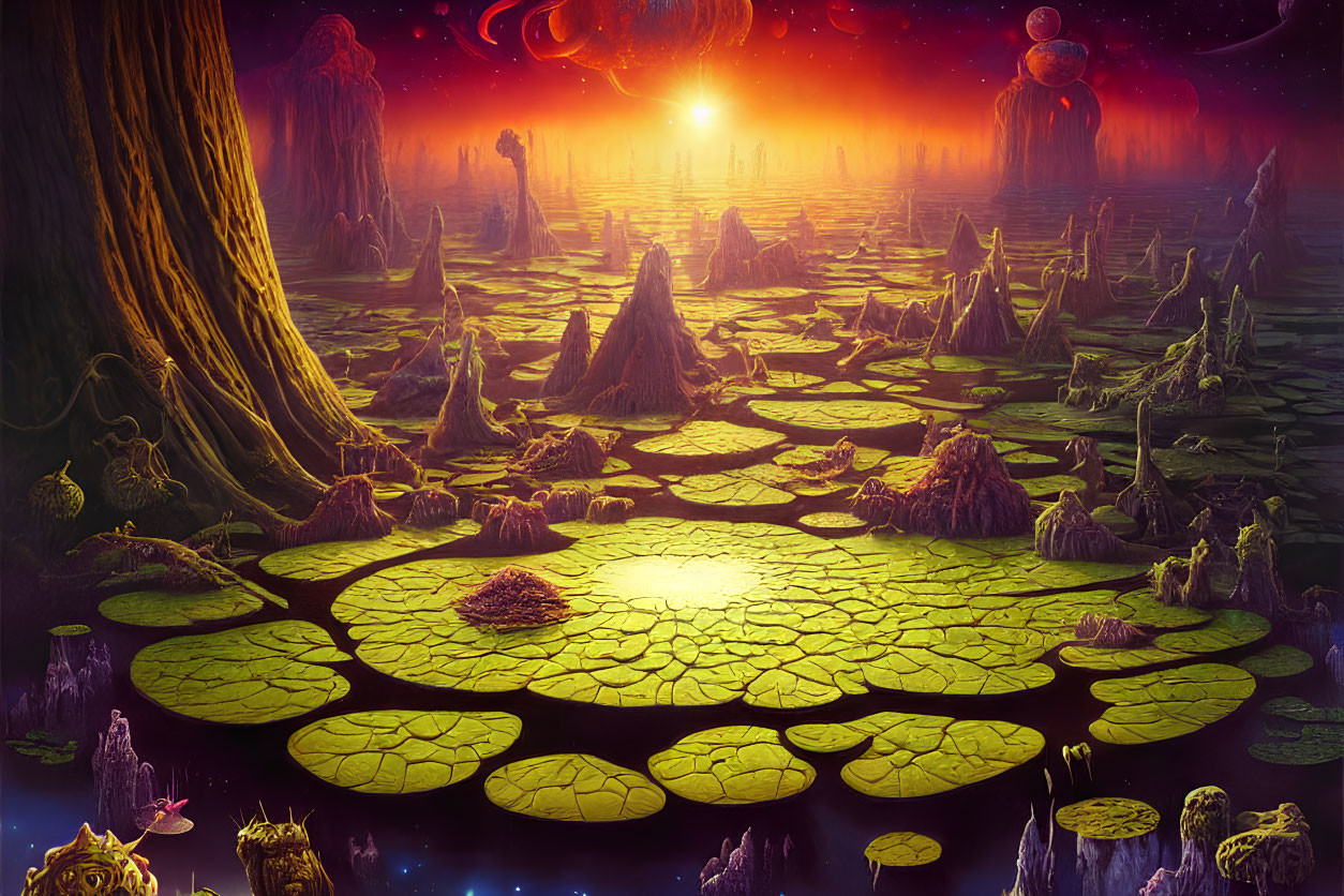 Fantastical swamp scene with giant lily pads under surreal sky