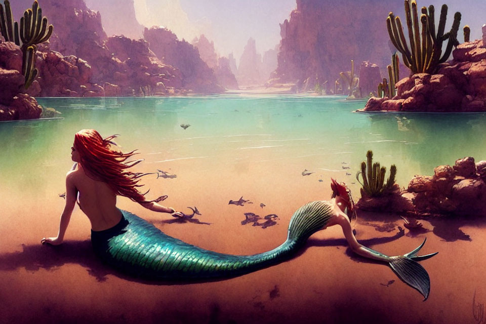 Red-haired mermaid with green tail at desert oasis with cacti and fish.