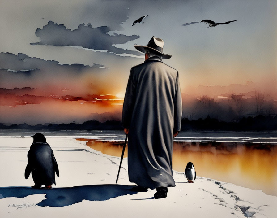 Man in hat and coat with penguins on icy terrain at sunset
