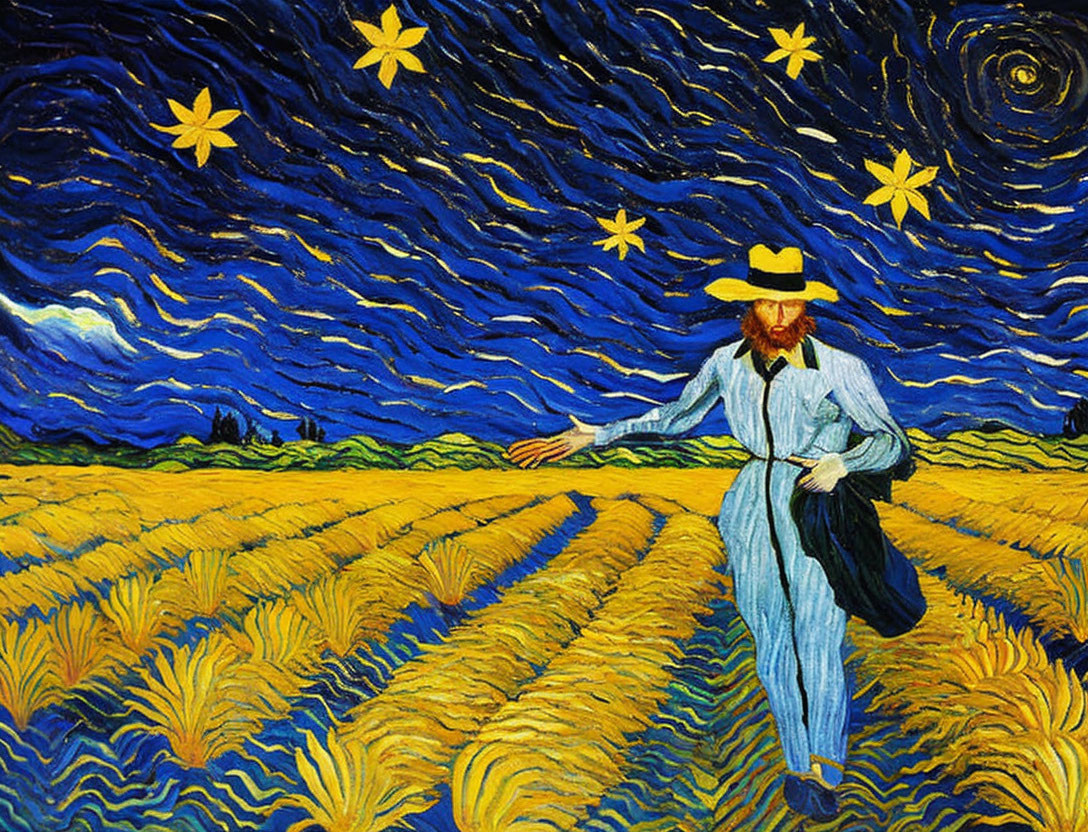 Vibrant starry night sky painting with man in straw hat walking through golden wheat fields