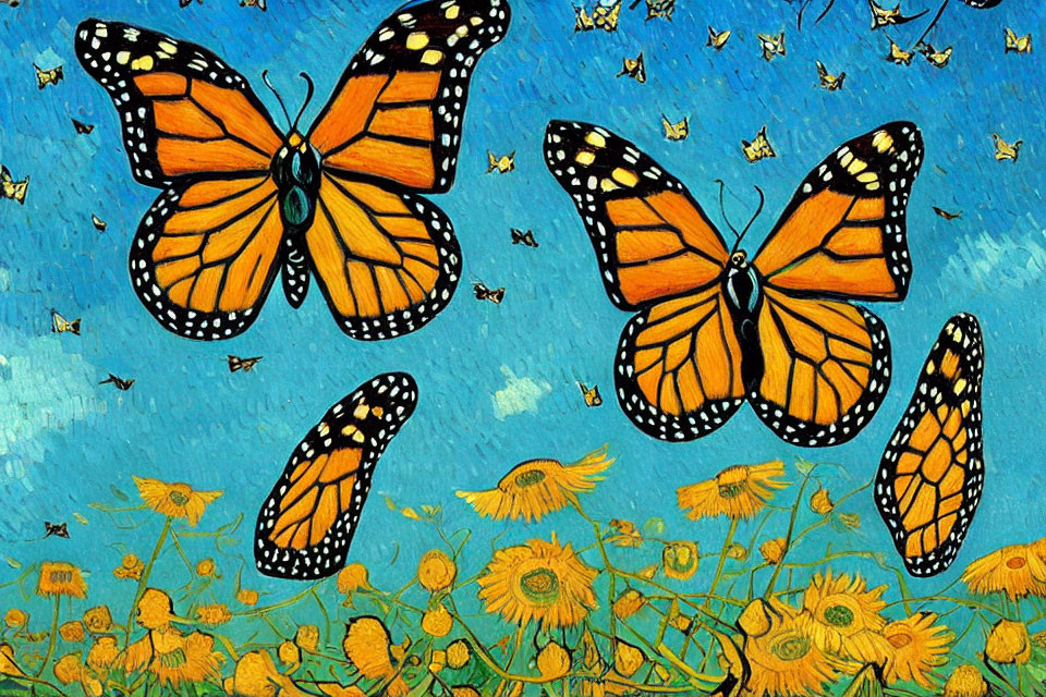 Colorful painting of Monarch butterflies over yellow dandelions under a starry sky