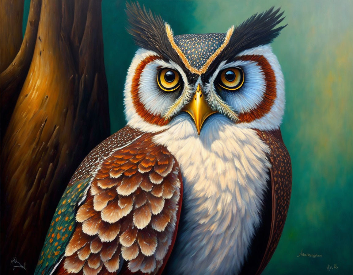 Colorful Owl Painting with Detailed Plumage and Yellow Eyes on Textured Tree Background