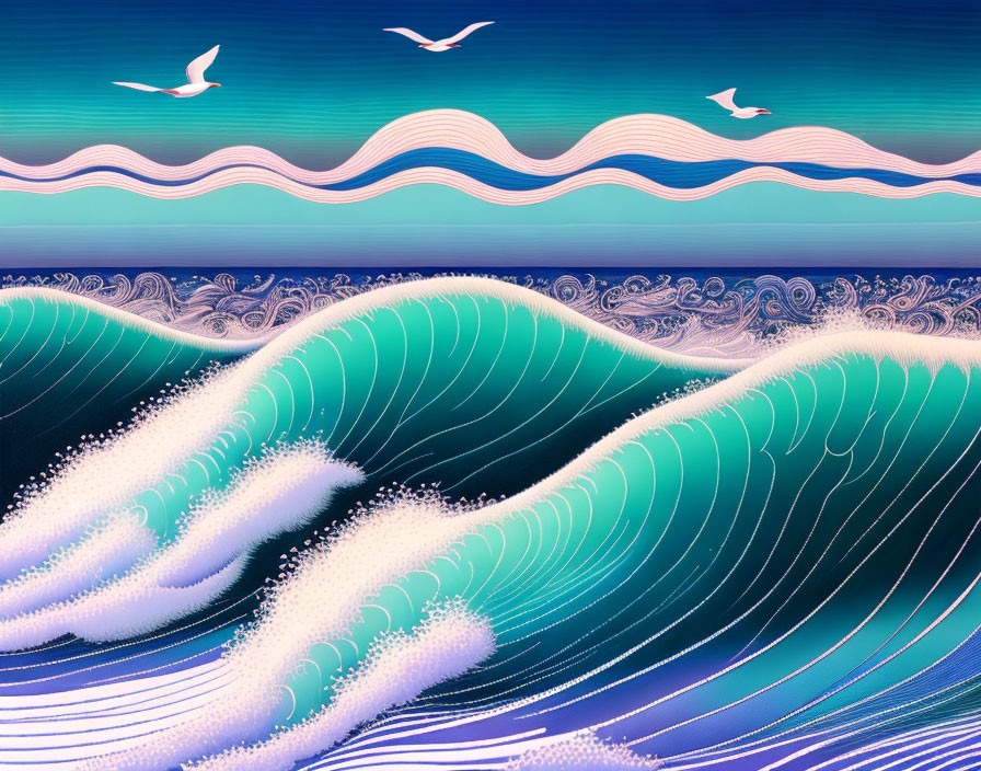 Abstract Blue Waves with Foam and Seabirds in Digital Art
