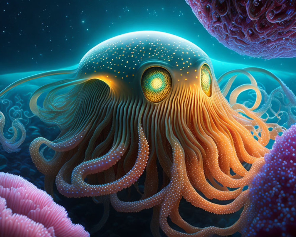 Colorful Digital Art of Glowing Jellyfish in Underwater Scene