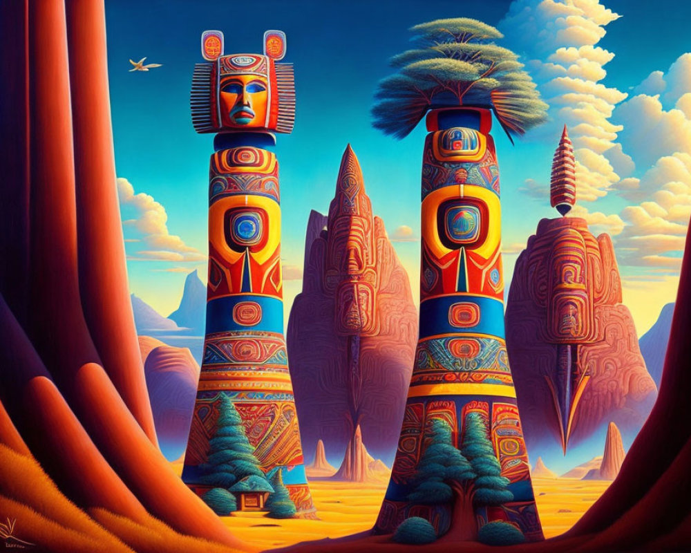 Colorful Totem Pole Illustration with Intricate Patterns and Surreal Sky
