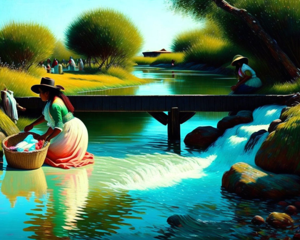 Traditional Attire Painting by River with Wooden Bridge