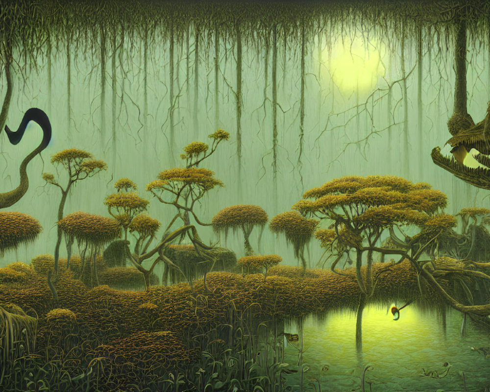 Mystical swamp with yellow tree canopies and serene pond