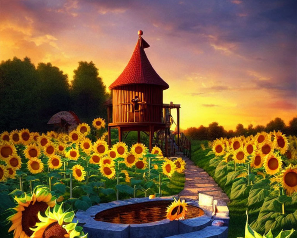 Sunflower-lined path to wooden gazebo near well in serene landscape