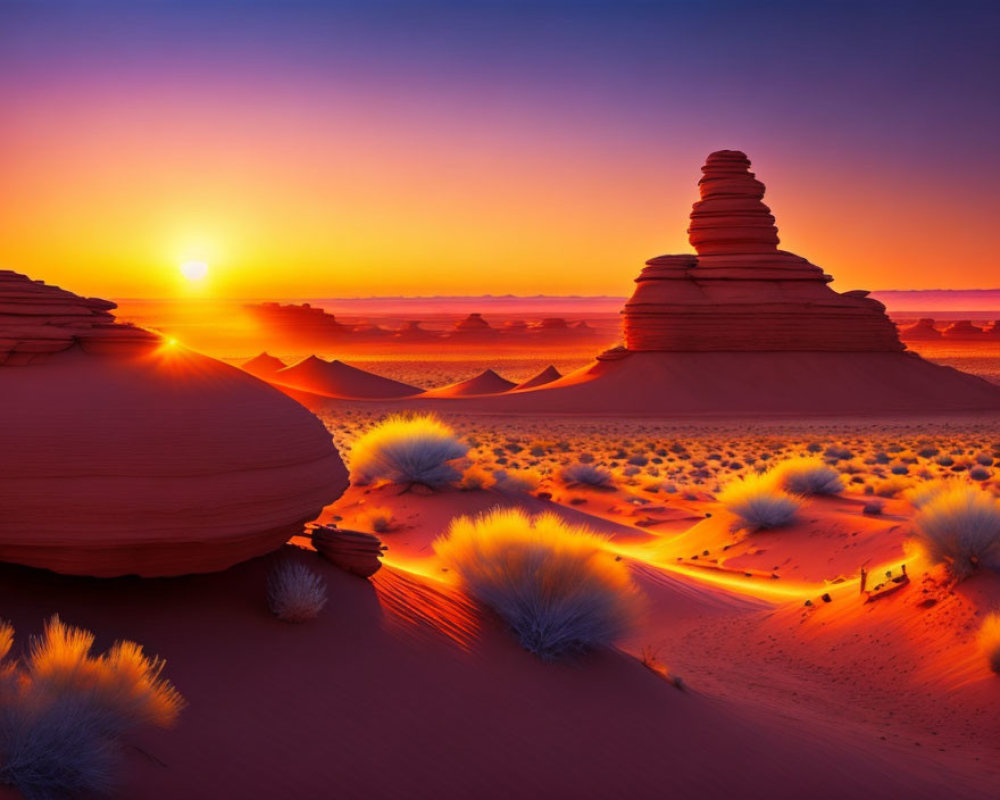 Scenic desert sunset with orange glow over sand dunes and rock formations