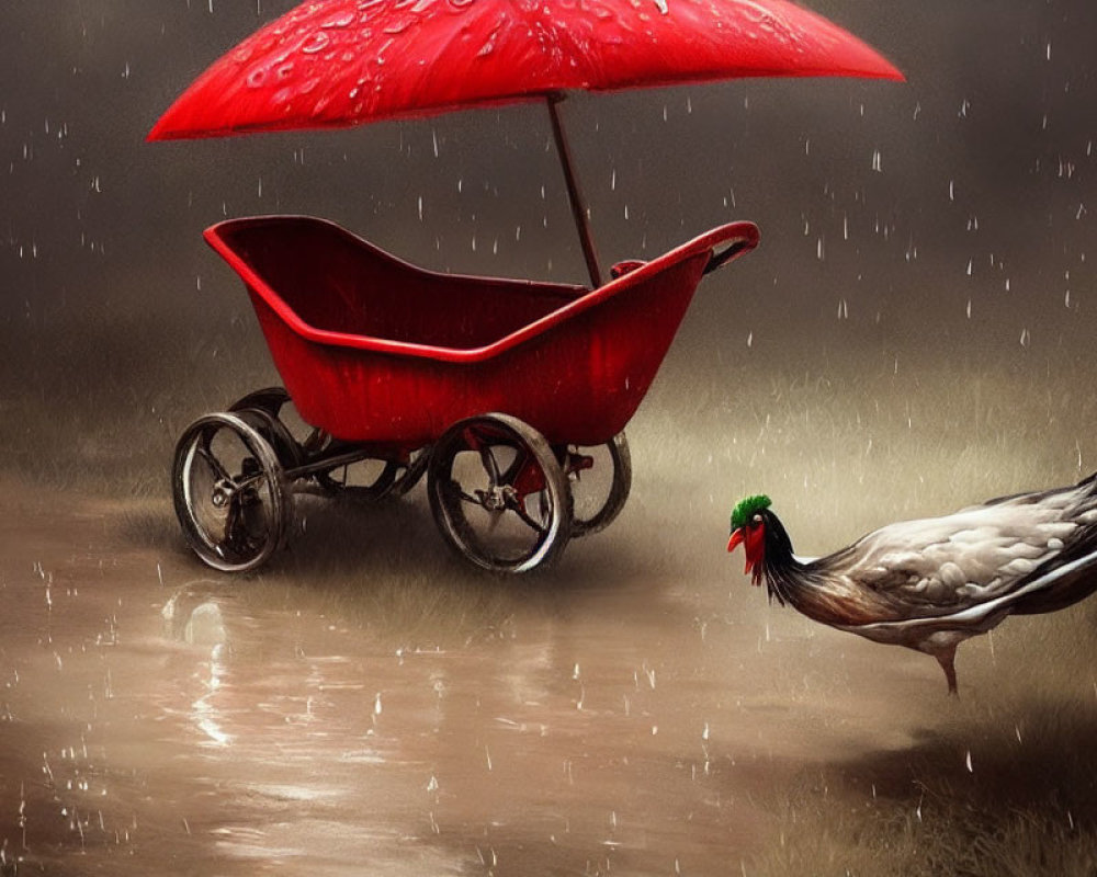 Red baby carriage with attached umbrella on wet path with pigeon under rainy sky