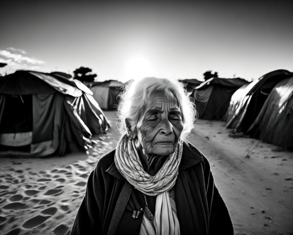 Elderly woman with contemplative expression in front of tents under a stark sky