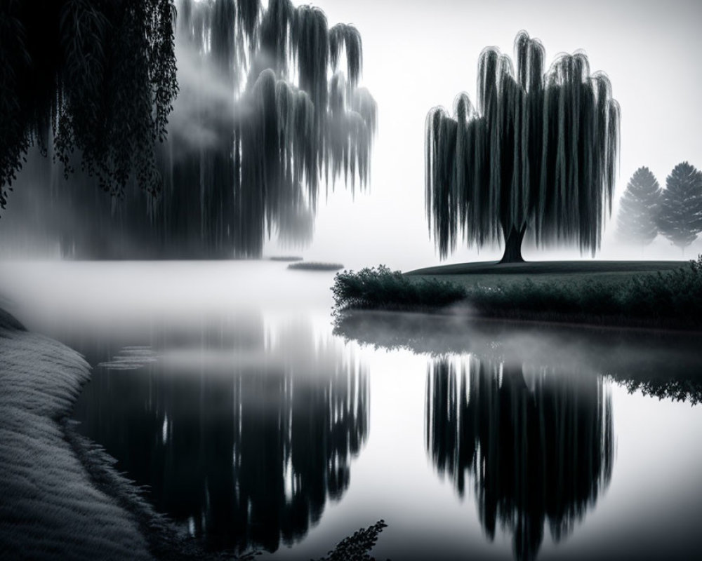 Monochrome landscape: Weeping willow tree reflected in misty lake