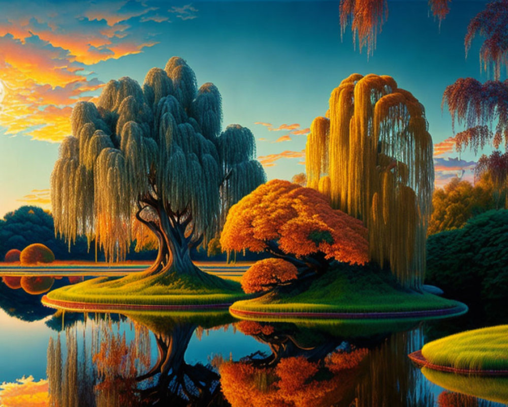 Colorful landscape with weeping willows, orange tree, river, and sunset sky.