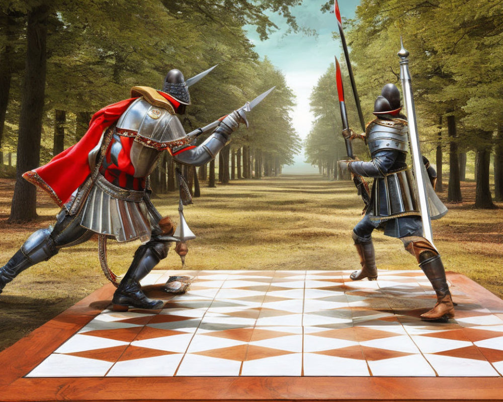 Knights in full armor sword fighting on giant chessboard in forest