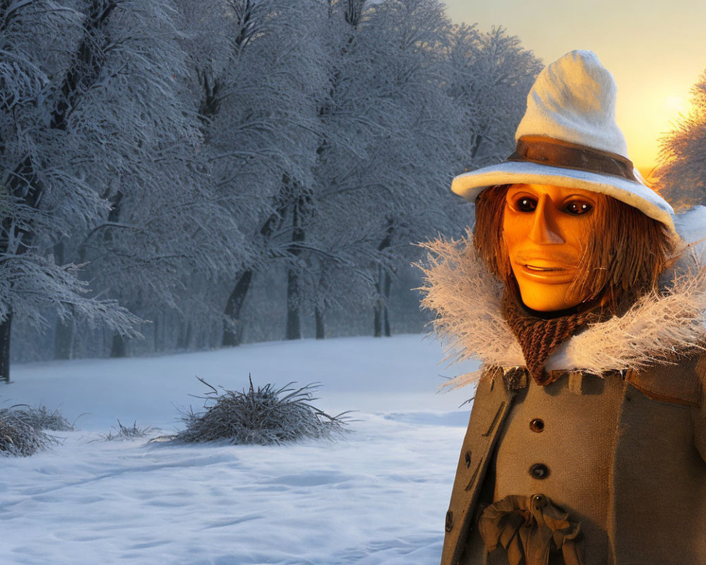 Whimsical wooden figure in coat and hat in snowy forest at sunrise