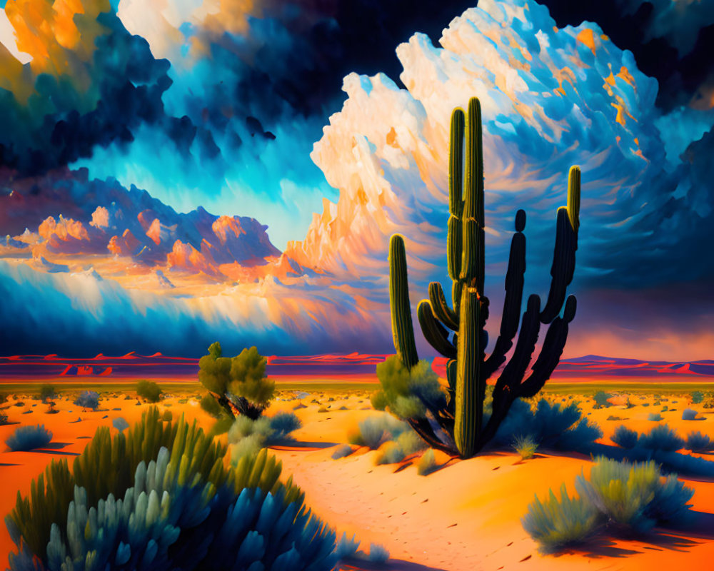 Dramatic desert landscape with towering cacti and billowing clouds