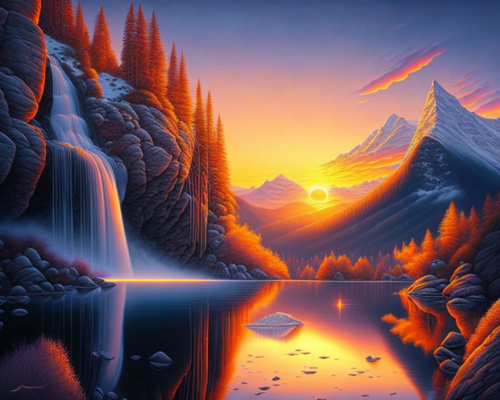 Surreal landscape with waterfall, pine trees, mountains, and serene lake