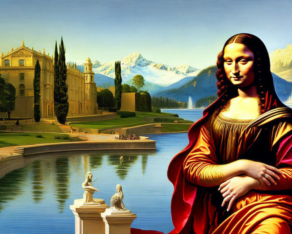 Digital art: Mona Lisa merged with serene landscape and classical architecture