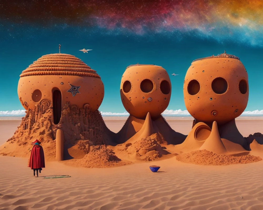 Person in red cape near desert spheres with spaceship and surfboard