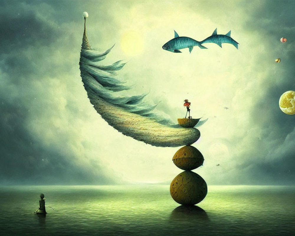 Person on Stacked Orbs, Flying Fish, Boat, Celestial Bodies, Large Feather