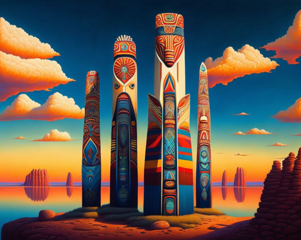 Colorful Totem Poles by Calm Lake at Sunset with Stylized Clouds